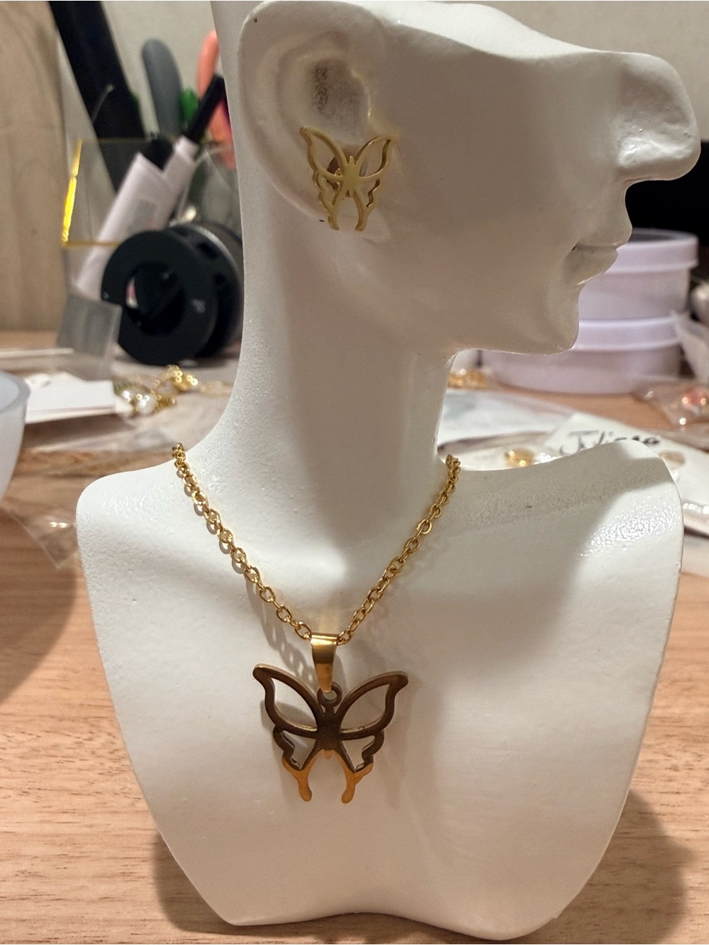 Gold Butterfly Pendant Necklace and Stud Earrings - Gold Finish
